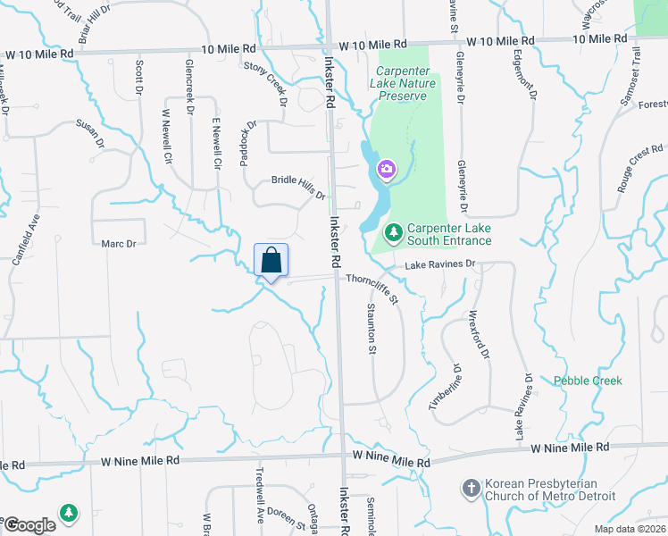 map of restaurants, bars, coffee shops, grocery stores, and more near 23780 Inkster Road in Southfield