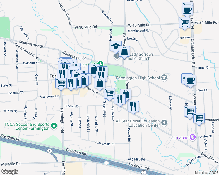map of restaurants, bars, coffee shops, grocery stores, and more near 32780 Grand River Avenue in Farmington