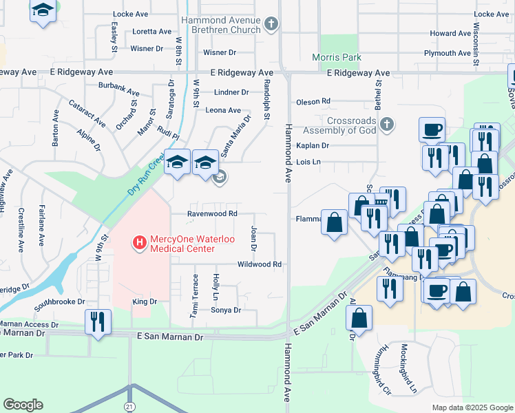 map of restaurants, bars, coffee shops, grocery stores, and more near 1303 Ravenwood Road in Waterloo