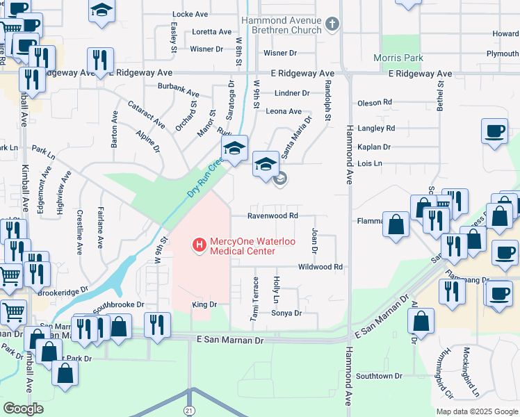 map of restaurants, bars, coffee shops, grocery stores, and more near 1127 Ravenwood Road in Waterloo