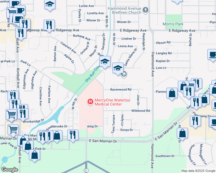 map of restaurants, bars, coffee shops, grocery stores, and more near 1127 Ravenwood Road in Waterloo
