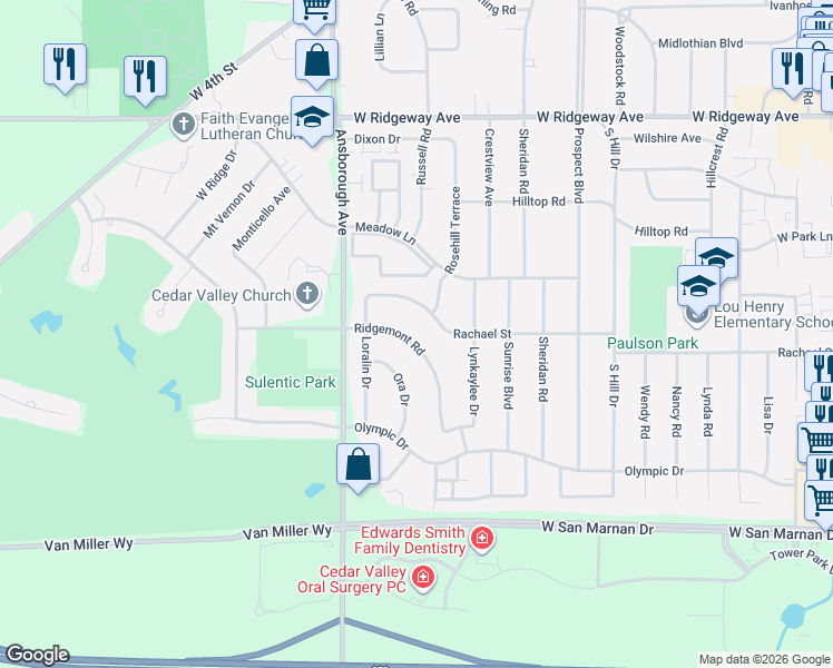 map of restaurants, bars, coffee shops, grocery stores, and more near 1045 Rachael St in Waterloo