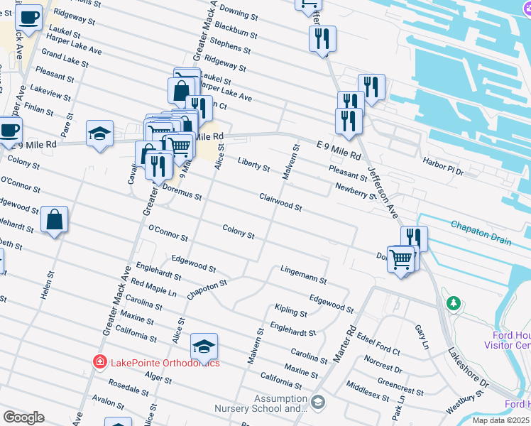 map of restaurants, bars, coffee shops, grocery stores, and more near 22728 Clairwood Street in St. Clair Shores