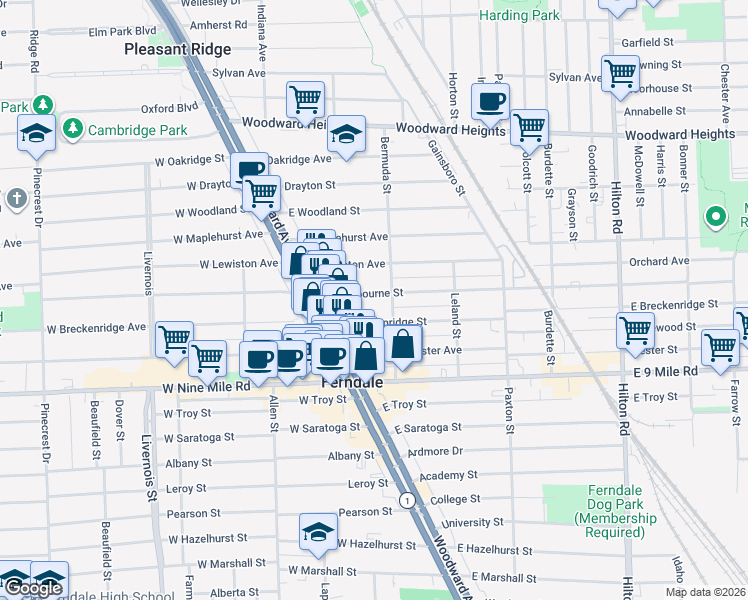 map of restaurants, bars, coffee shops, grocery stores, and more near 271 East Cambourne Street in Ferndale