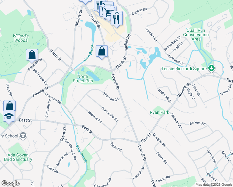 map of restaurants, bars, coffee shops, grocery stores, and more near 580 Lowell Street in Lexington