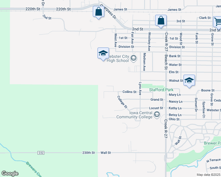 map of restaurants, bars, coffee shops, grocery stores, and more near 1605 Collins Street in Webster City