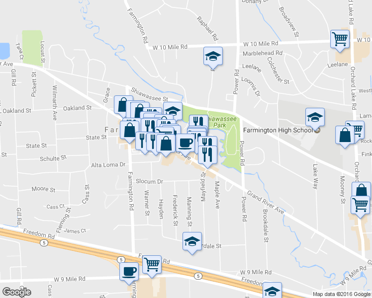 map of restaurants, bars, coffee shops, grocery stores, and more near 32830 Grand River Avenue in Farmington