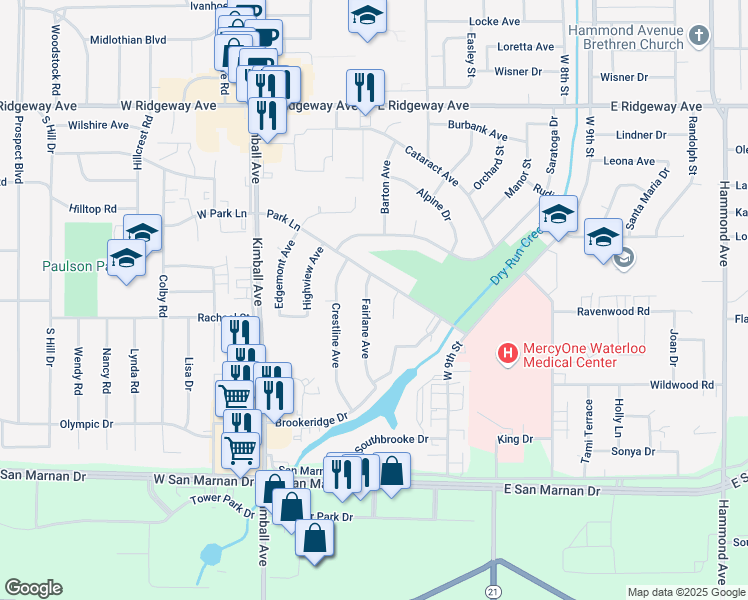 map of restaurants, bars, coffee shops, grocery stores, and more near 2703 Fairlane Avenue in Waterloo