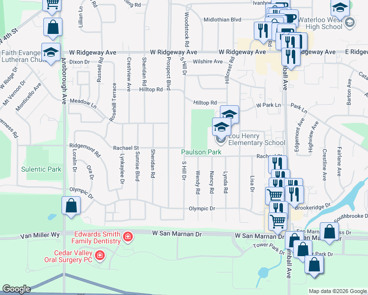 map of restaurants, bars, coffee shops, grocery stores, and more near 600 Rachael Street in Waterloo
