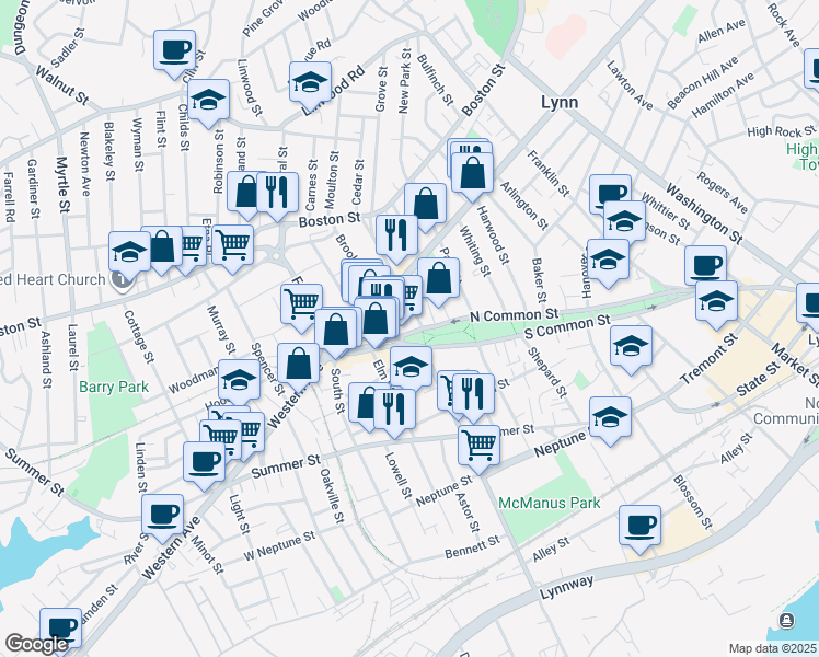 map of restaurants, bars, coffee shops, grocery stores, and more near 191 North Common Street in Lynn