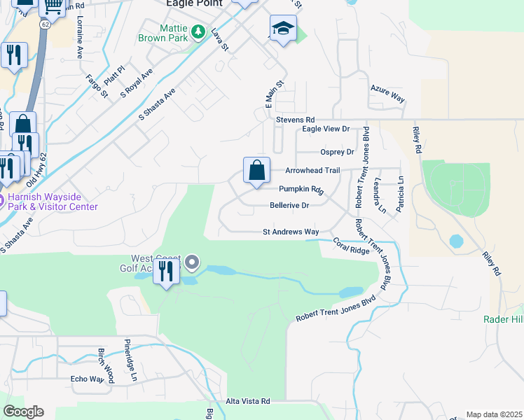 map of restaurants, bars, coffee shops, grocery stores, and more near 137 Bellerive Drive in Eagle Point