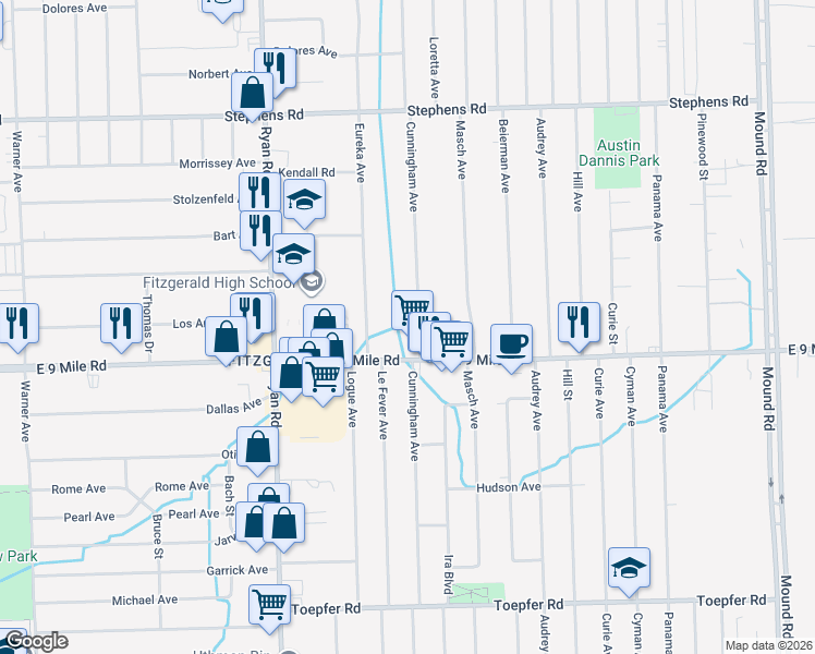 map of restaurants, bars, coffee shops, grocery stores, and more near 23141 Cunningham Avenue in Warren