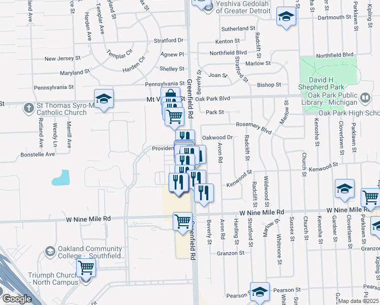 map of restaurants, bars, coffee shops, grocery stores, and more near 23501 Greenfield Rd in Southfield