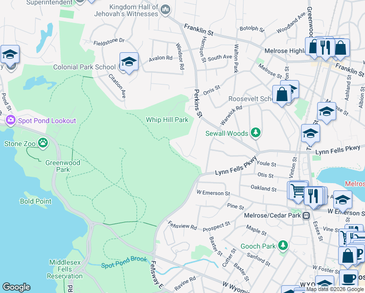 map of restaurants, bars, coffee shops, grocery stores, and more near 61 Newcomb Road in Stoneham