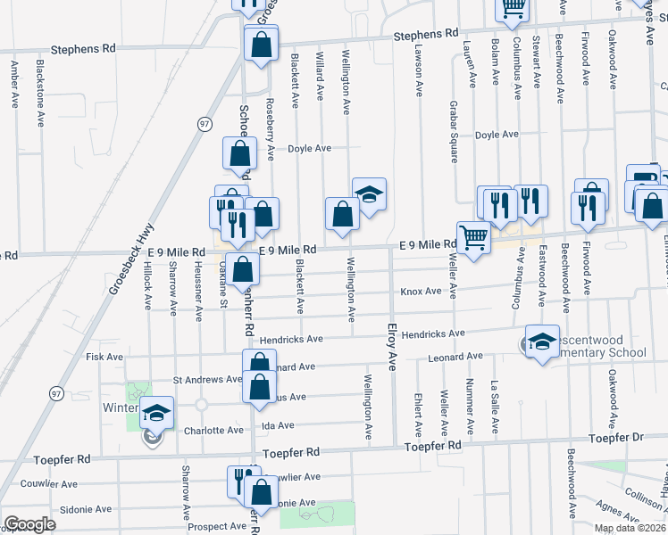 map of restaurants, bars, coffee shops, grocery stores, and more near 13996 East 9 Mile Road in Warren