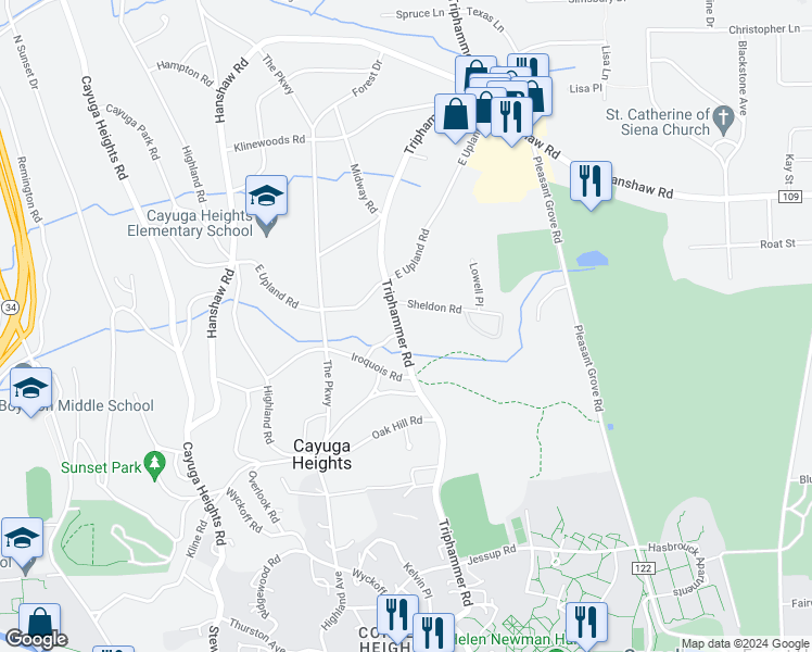 map of restaurants, bars, coffee shops, grocery stores, and more near 801 Triphammer Road in Ithaca