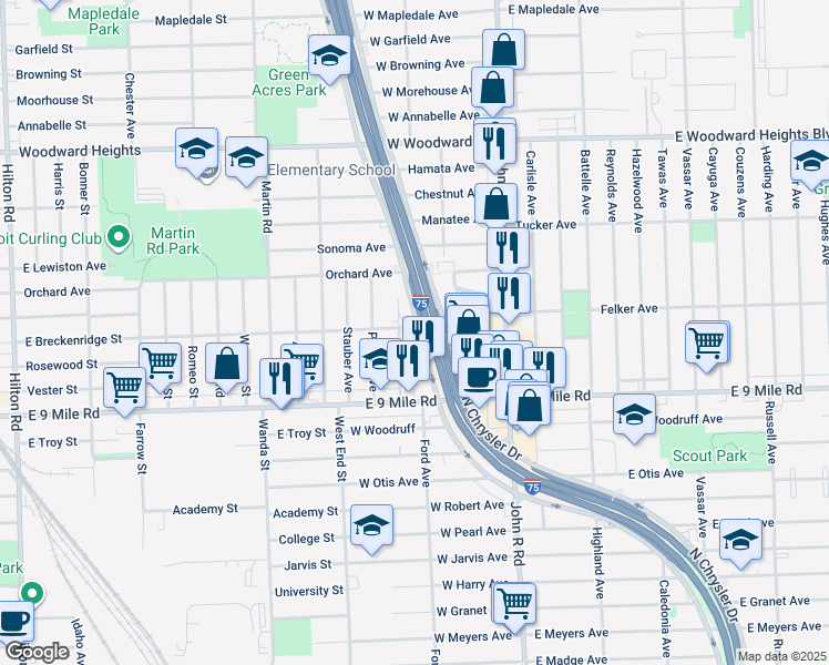map of restaurants, bars, coffee shops, grocery stores, and more near 23233 South Chrysler Drive in Hazel Park