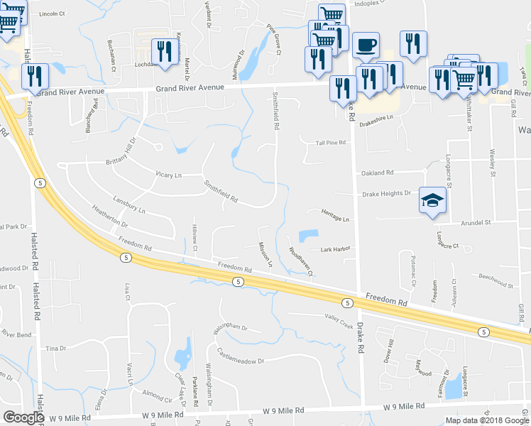 map of restaurants, bars, coffee shops, grocery stores, and more near 35987 Smithfield Road in Farmington