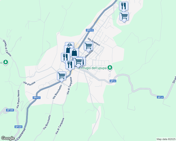 map of restaurants, bars, coffee shops, grocery stores, and more near 11 Via Piave in Canino