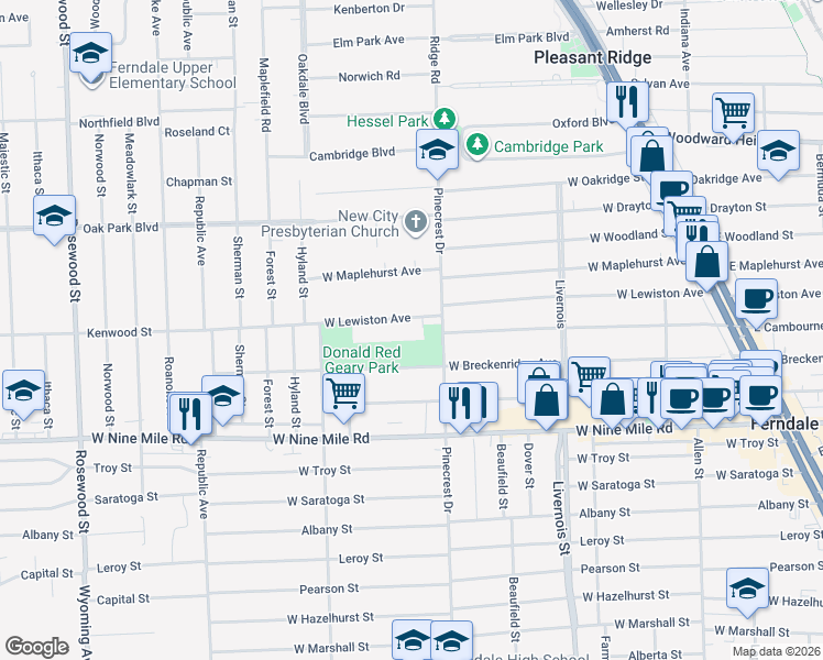 map of restaurants, bars, coffee shops, grocery stores, and more near 879 West Lewiston Avenue in Ferndale