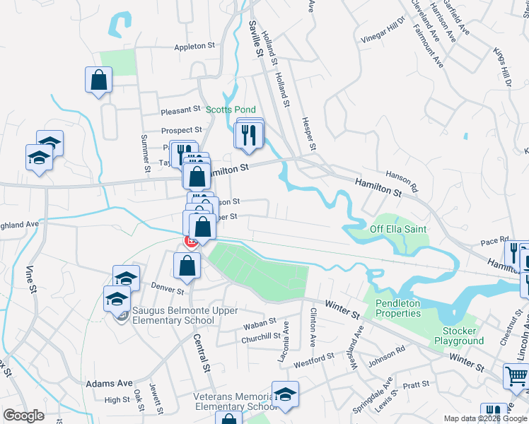 map of restaurants, bars, coffee shops, grocery stores, and more near 51 Pearson Street in Saugus