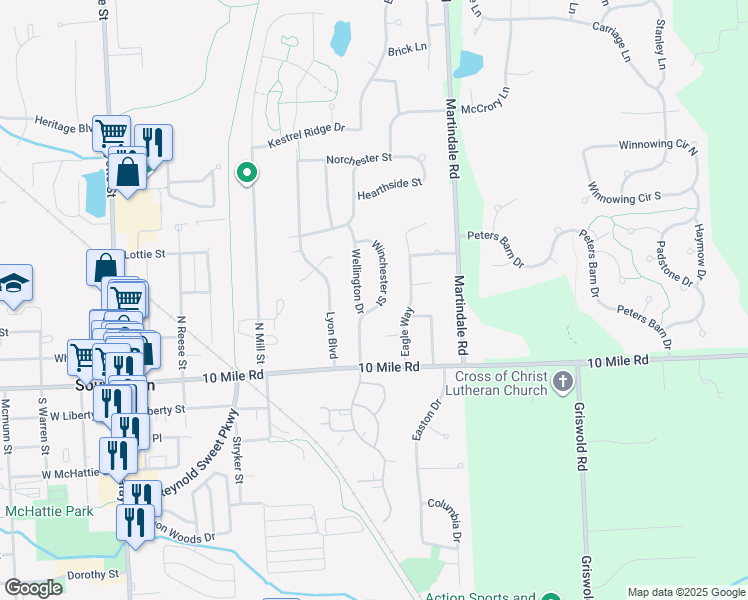 map of restaurants, bars, coffee shops, grocery stores, and more near 285 Winchester Street in South Lyon
