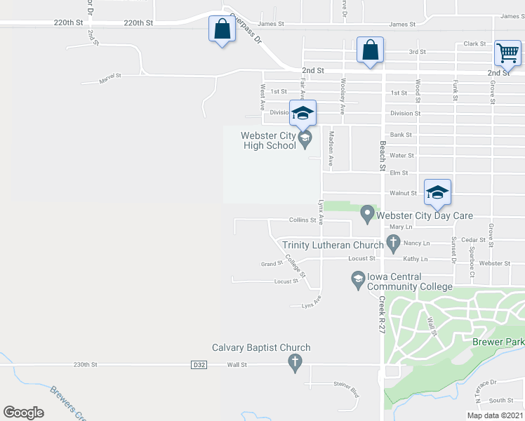 map of restaurants, bars, coffee shops, grocery stores, and more near 1601 Collins Street in Webster City