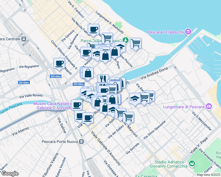 map of restaurants, bars, coffee shops, grocery stores, and more near 26 Via Lungaterno Sud in Pescara