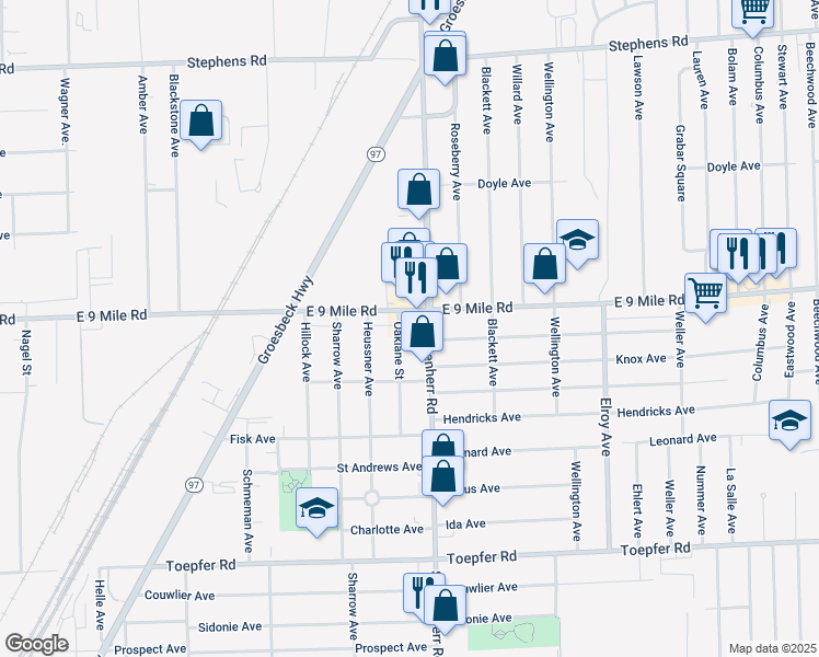map of restaurants, bars, coffee shops, grocery stores, and more near 13446 East 9 Mile Road in Warren