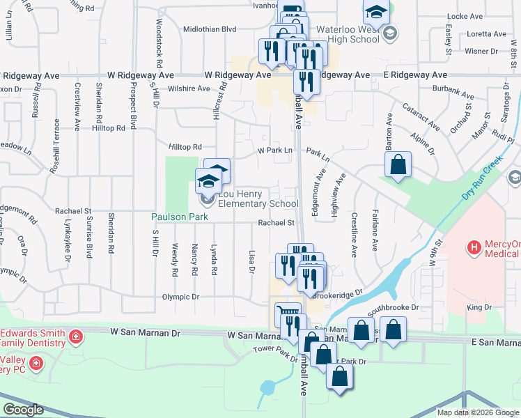 map of restaurants, bars, coffee shops, grocery stores, and more near 117 Barryington Drive in Waterloo