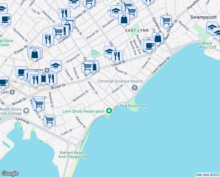 map of restaurants, bars, coffee shops, grocery stores, and more near 53 Cherry Street in Lynn