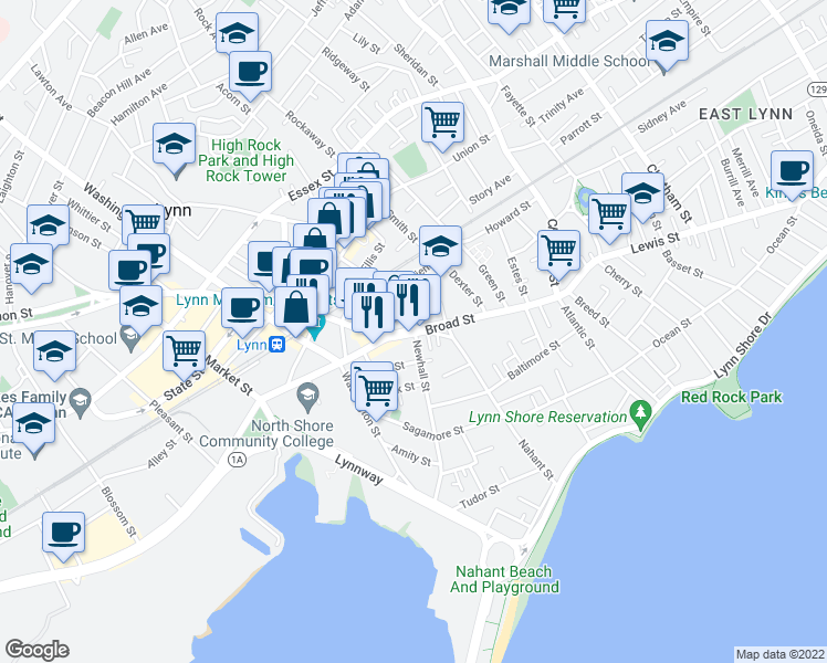 map of restaurants, bars, coffee shops, grocery stores, and more near 105 Broad Street in Lynn