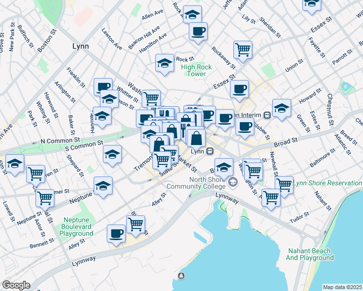 map of restaurants, bars, coffee shops, grocery stores, and more near 52 Andrew Street in Lynn