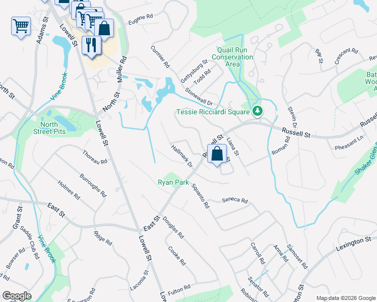 map of restaurants, bars, coffee shops, grocery stores, and more near 8 Kensington Avenue in Woburn