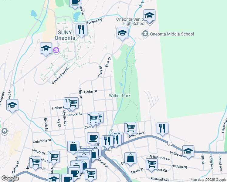 map of restaurants, bars, coffee shops, grocery stores, and more near 51 Cedar Street in Oneonta