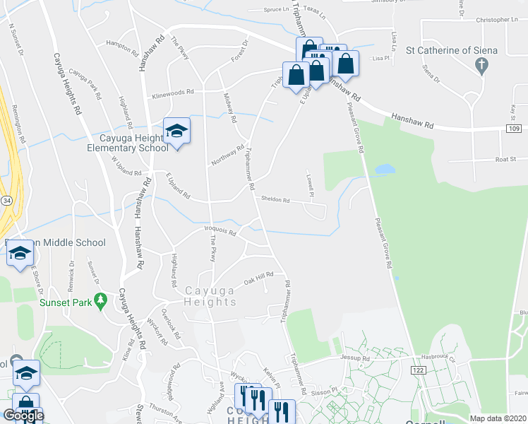 map of restaurants, bars, coffee shops, grocery stores, and more near 807 Triphammer Road in Ithaca