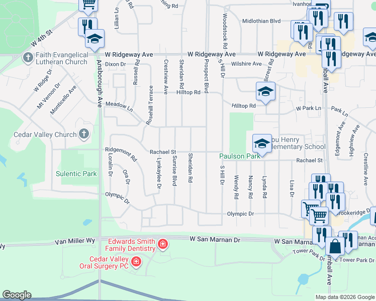 map of restaurants, bars, coffee shops, grocery stores, and more near 710 Sheridan Rd in Waterloo