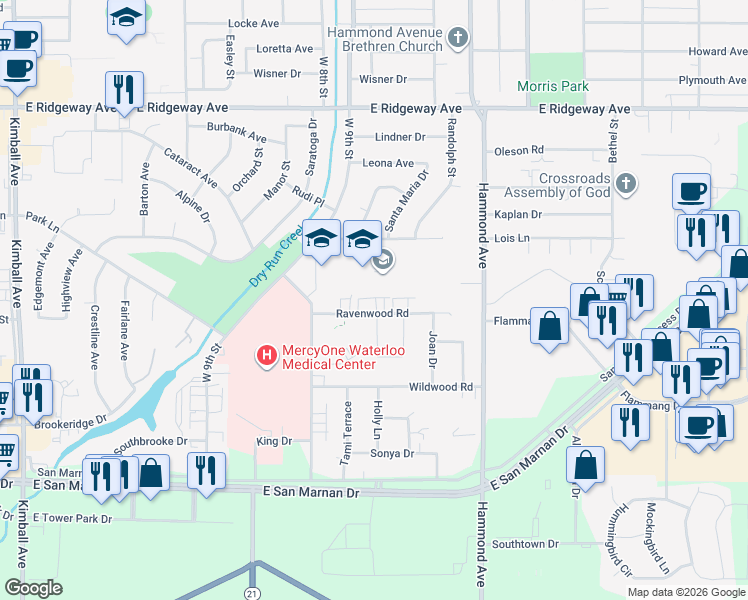 map of restaurants, bars, coffee shops, grocery stores, and more near 3742 Ravenwood Circle in Waterloo