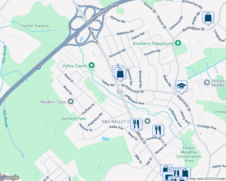 map of restaurants, bars, coffee shops, grocery stores, and more near 266 Bedford Street in Lexington