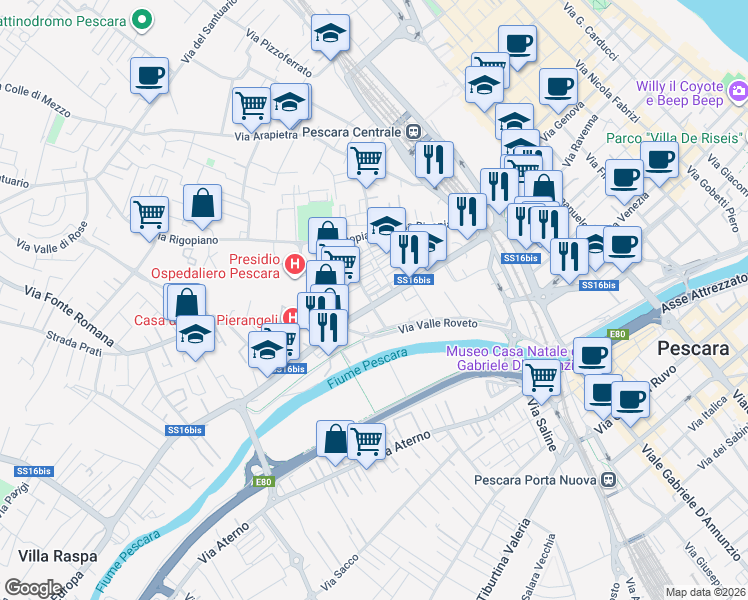 map of restaurants, bars, coffee shops, grocery stores, and more near Via Matese in Pescara