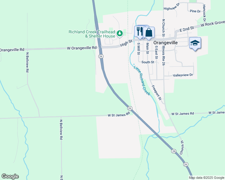 map of restaurants, bars, coffee shops, grocery stores, and more near Illinois 26 in Orangeville