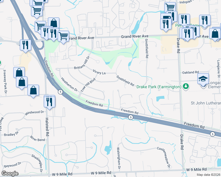 map of restaurants, bars, coffee shops, grocery stores, and more near 23471 Hillview Court in Farmington