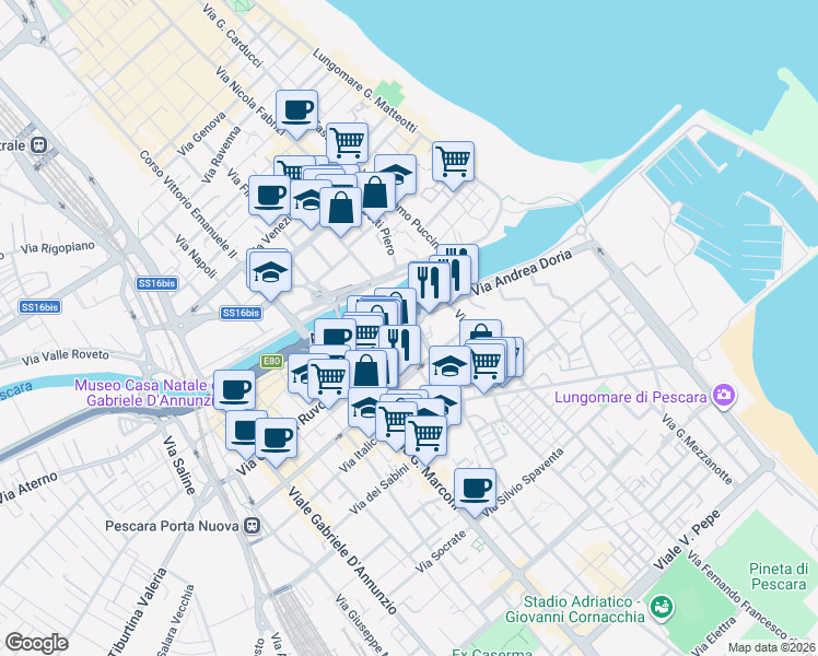 map of restaurants, bars, coffee shops, grocery stores, and more near 106 Via Marco Polo in Pescara