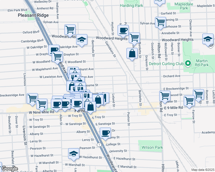map of restaurants, bars, coffee shops, grocery stores, and more near 392 East Cambourne Street in Ferndale