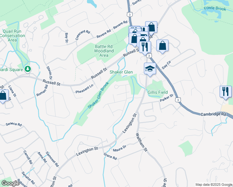 map of restaurants, bars, coffee shops, grocery stores, and more near 18 Arcadia Street in Woburn