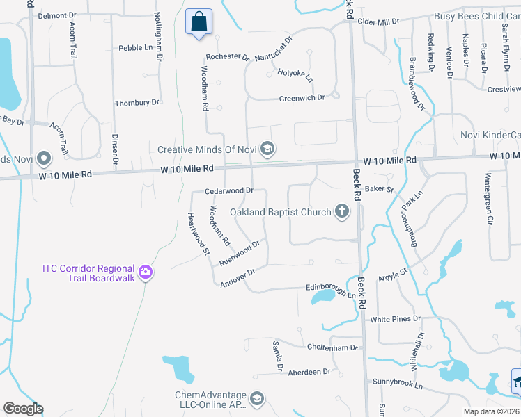map of restaurants, bars, coffee shops, grocery stores, and more near 23939 Forest Park Drive in Novi