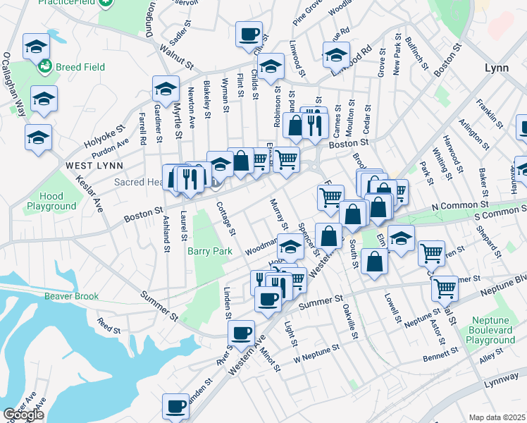 map of restaurants, bars, coffee shops, grocery stores, and more near 2A Fuller Street Court in Lynn