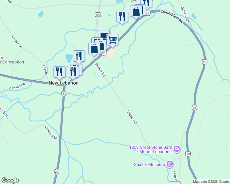 map of restaurants, bars, coffee shops, grocery stores, and more near 98 Shaker Road in New Lebanon