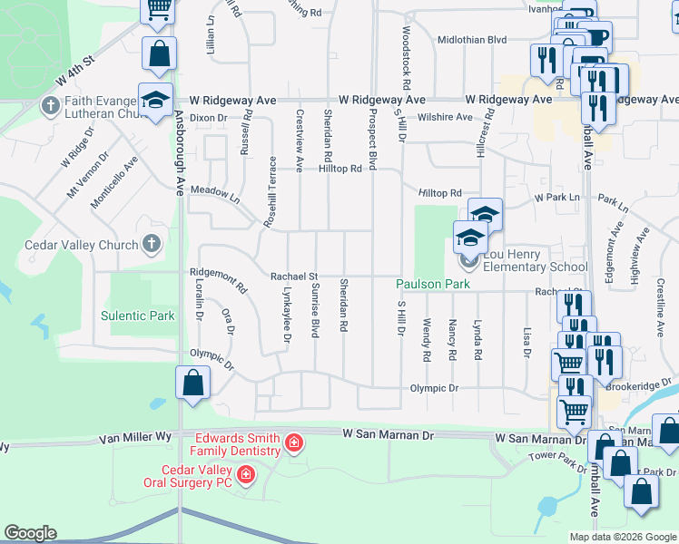 map of restaurants, bars, coffee shops, grocery stores, and more near 710 Sheridan Rd in Waterloo