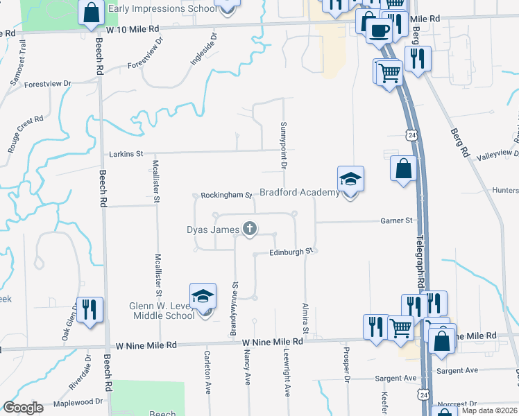 map of restaurants, bars, coffee shops, grocery stores, and more near 24085 Rockingham Street in Southfield